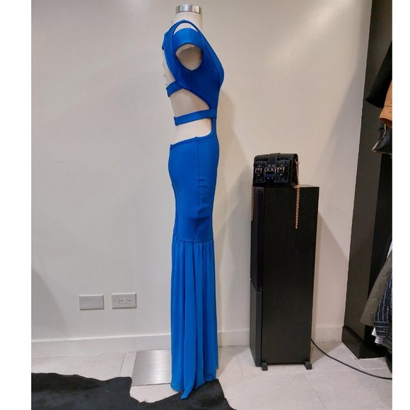 💥KILLER DRESS💥 Vintage Royal Blue Bandage Cut Out Mermaid Gown - Picture 3 of 15
